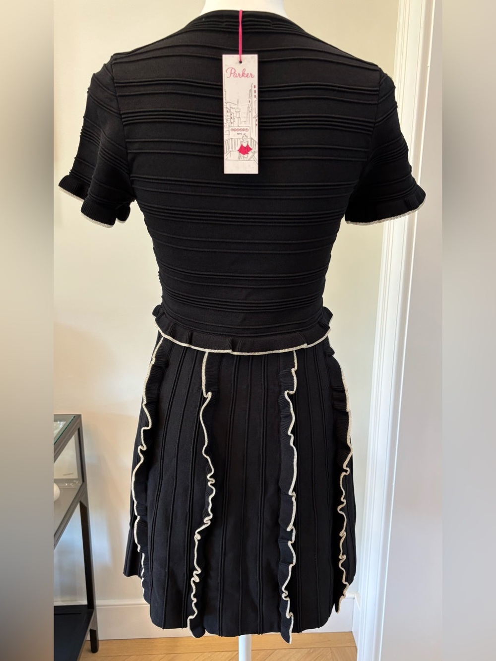 Parker Lenny Black Knit Dress with Contrast Ruffle Trim, Size S - Picture 4 of 7